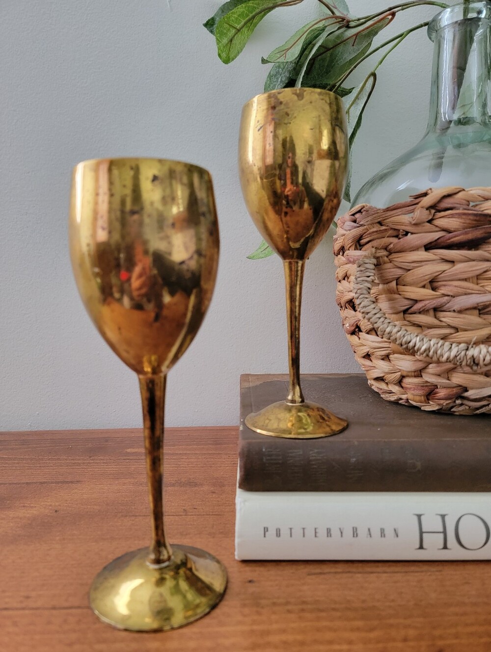 Set Of 2 Vintage Brass Wine Goblets Stemware Kitchen Barware Home Decor